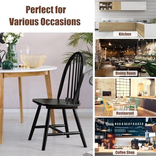 Image of COSTWAY Windsor Dining Chairs Set of 4, Mid-Century Modern Wood Chairs w /Spindle Back & Reinforced H-Shaped Legs, Farmhouse Armless Kitchen Chair for Living Dining Room, Restaurant (Black)