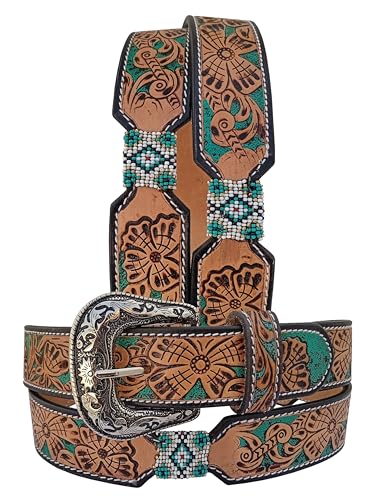 Handcrafted Western Leather Belt Floral Design, Turquoise Paint, Beaded & Accents 30IS019