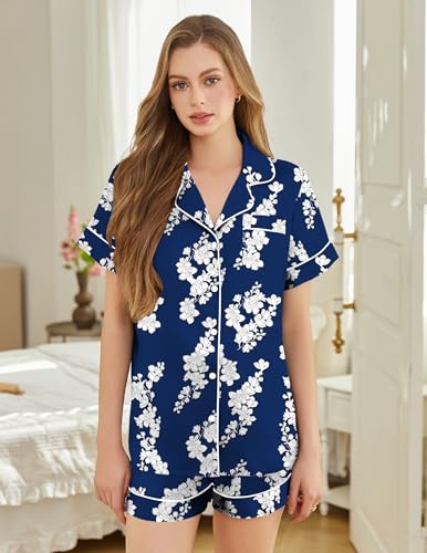 Image of Silk Pajamas for Women Short Sleeve Sleepwear Soft Button Down Loungewear 2 Piece Satin Pjs Shorts Set S-XXL