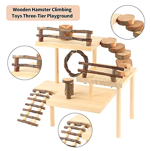 Image of Hamster Climbing Toys 3-Tier Extra Large Hamster Playground Natural Wooden Small Animal Platform Toys Hamster Exercise Activity Climbing Platform with Bridge for Gift