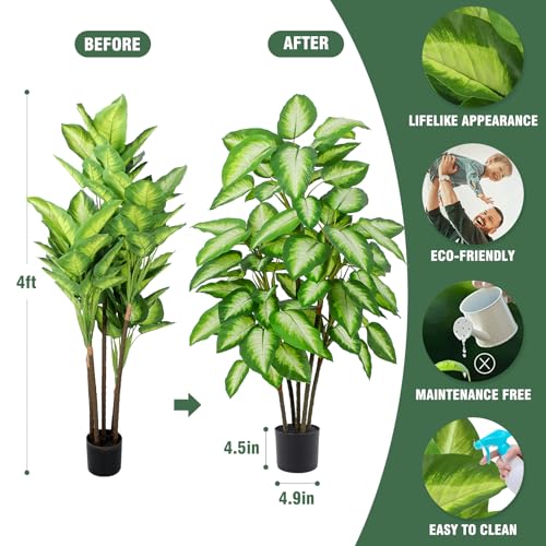 Artificial Golden Dieffenbachia 4ft Tall Artificial Plants Indoor Decorative Silk Plants Potted Faux Tropical Tree Lifelike House Floor Large Fake Tree for Home Living Room - Image 4