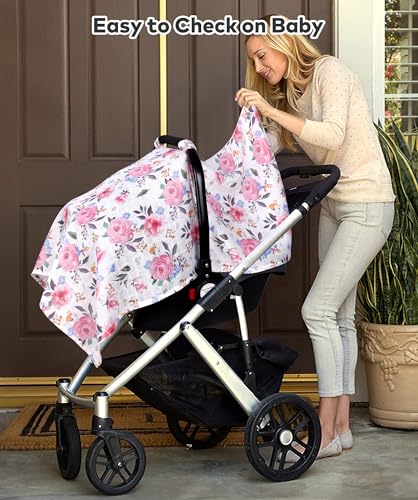 Image of Rquite Infant Car Seat Cover for Babies Girls, 100% Muslin Cotton Carseat Canopy, Breathable Stroller Sun Shade, Baby Shower Gift & Newborn Essentials, Universal Fit Summer & Hot Weather (Floral)
