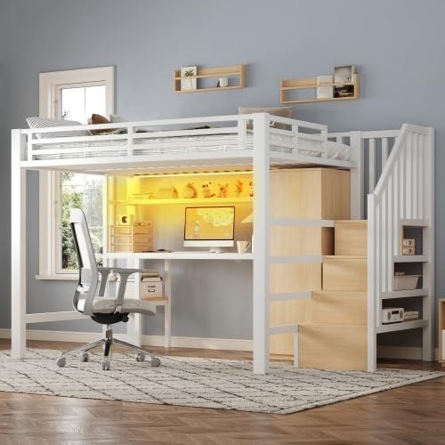 Merax Metall-Hochbett 140x200 mit Schreibtisch, Regal, Kleiderschrank, Stauraumtreppe und LED-Licht – Weiß, Ideal für Kinderzimmer, Jugendzimmer und kleine Apartments