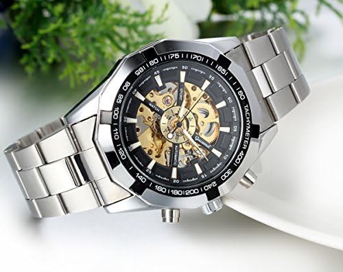 JewelryWe Mens Skeleton Wrist Watch: Classic Mechanical Automatic Watch Black Bezel Skeleton Dial Stainless Steel Steampunk Dress Watch for Fathers Day Valentines Day Birthday - Image 5