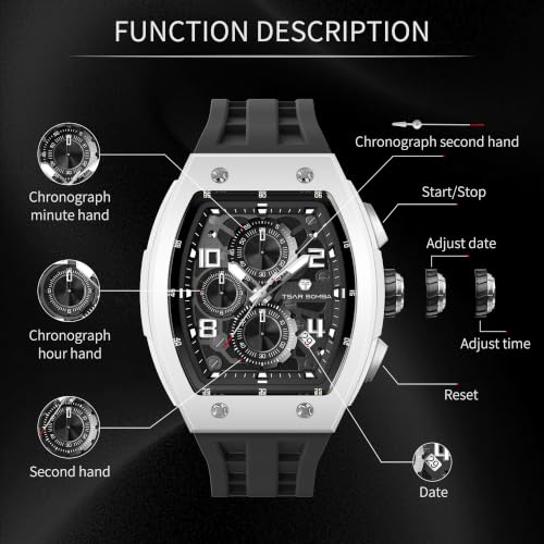 Image of TSAR BOMBA Men's Luxury Quartz Watch, Luminous Dial 5ATM Water Resistance Silicone Strap Men's Wristwatch Ideal Gift for Men