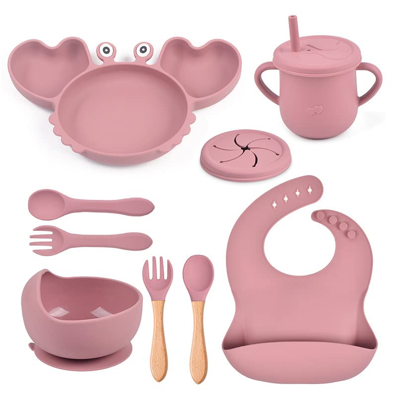 YINTECH Silicone Baby Feeding Set, Baby Led Weaning Supplies with Suction Bowl Divided Plate, Toddler Self Feeding Dish Set with Spoons Forks Sippy Cup Adjustable Bib, Eating Utensils (Pink)