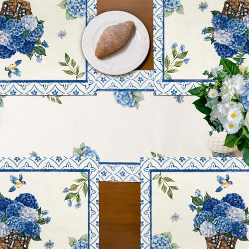Image of Spring Summer Blue Hydrangea Placemats Set of 6, 12x18 Inch Summer Farmhouse Birds Rustic Table Mats for Holiday Kitchen Dining Room Decoration, Washable Indoor Outdoor Party Decor
