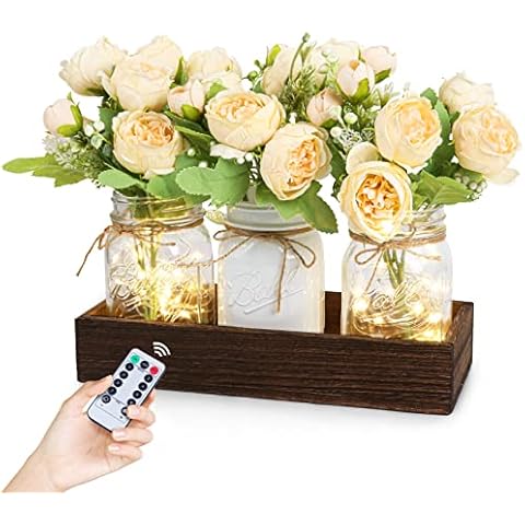 Fowecelt Mason Jar Lights Table Centerpiece Decoration for Dining Room Living Room Kitchen Table Decor Wood Tray with 3 Mason Jars Rose Farmhouse Coffee Centerpieces Table Decor Cover