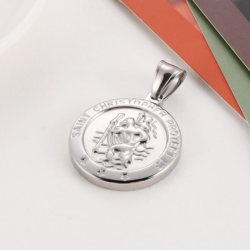 St Christopher Necklace Mens Womens,14k Stainless Steel Saint Christopher Pendant Silver Gold Religious Necklaces Perfect gifts for Family Parent Friend Patron Saint of Travellers - Image 4