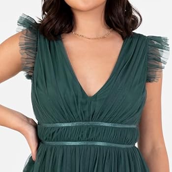 Anaya with Love Maxi-jurk voor dames, kapmouw met V-hals, satijnen detail, tule, A-lijn, bruidsmeisje, bruiloft, gast gelegenheid, baljurk, Frosty Groen, 48