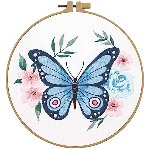 Image of Esffaci Embroidery Starter Kit for Adult Beginner with Blue Butterfly Flowers Pattern Hand Embroidery Set with Cloth Hoop Needle Threader Floss and Instruction