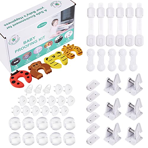 All-in-One Baby Proofing Kit 48PCS - 6 Cabinet Locks, 14 Plug Protectors Plus 3 Keys, 6 Drawer Locks, 4 Colorful Various Animal Door Stoppers, 10 Corner Guards, 5 Safety Locks