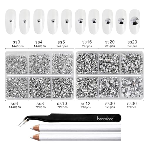 Image of Beadsland 8300PCS Flatback Rhinestones, Silver Rhinestone Nail Gems Round Crystal Rhinestones for Crafts, Mixed 10 Sizes with Wax Pencil and Tweezer Kit, SS3-SS30, Silver Hematite | Crystal Rhinestone Round, for Crafts Nails,With Wax Pencil and Tweezers Kit, SS3-SS30