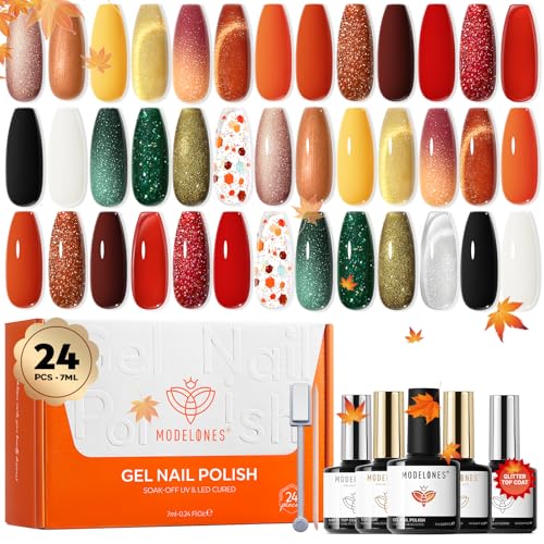 Image of modelones 24PCS Gel Nail Polish Set, Fall Winter Cat Eye Shimmer Gel Polish Kit Soak Off with Glitter, Glossy and Matte Top Base Coat DIY Manicure at Home