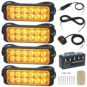 LINKITOM 12-24V 12-LED Super Bright Sync Feature Emergency Hazard Warning Strobe Lights with Main Control Box Surface Mount – 4PCS (Amber)