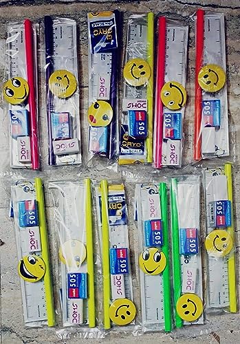 Image of School Boy and Girls Kids Return Gift Pencil, Scale, Eraser, Sharpener & Smiley Batch Stationary Set (Pack of 12)