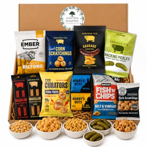 Savoury Snacks Hamper Gift Set Beef Biltong Jerky Pork Scratchings Snacking Pickles Pork Puffs Nobbys Nuts & Snackalami | Carnivore Snacks | Dad Hamper for Fathers Day | Pub Snacks Hamper