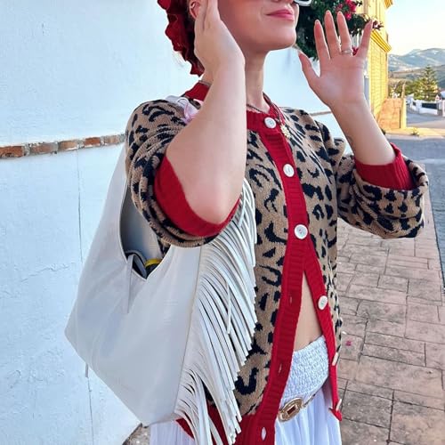 Womens Leopard Print Cardigan Crew Neck Long Sleeve Button Down Sweater Casual Streetwear3