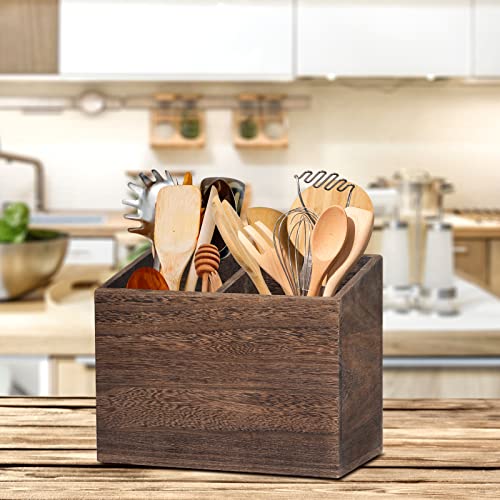 Wooden Kitchen Utensil Caddy With 2 Compartments, Rustic Kitchen Utensil Holder For Kitchen Countertop, Wood Utensil Crock Organizer Box For Farmhouse Kitchen Decor #TOP4