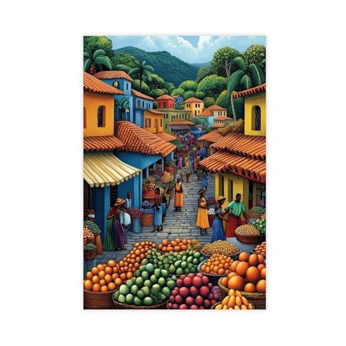 Illustration du marché du Malawi, affiche colorée sur toile de marché agricole pour décoration de chambre à coucher, bureau, chambre, cadeau, 20,3 x 30,5 cm (L x l)