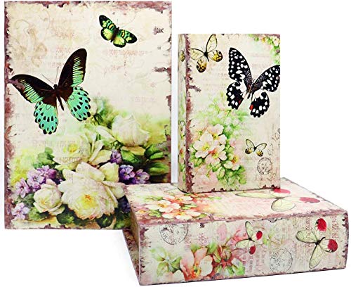 Jolitac Lot de 3 boîtes décoratives en forme de livres antiques avec couvercle magnétique - Invisibles - Imitation bois (papillon)