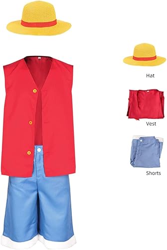 Miniatura 2 de Camisa de disfraz para niños, disfraz de anime, color rojo, sin mangas, pantalones cortos, sombrero, trajes