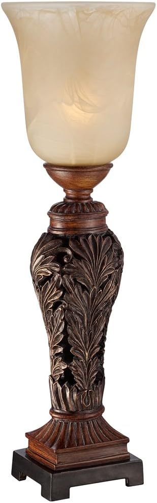 Regency Hill Traditional Accent Table Lamp 24" High Double Bronze Brown Carved Leaf Uplight Alabaster Glass Shade for Bedroom Living Room Nightstand Bedside Night Stand Office Kids Room