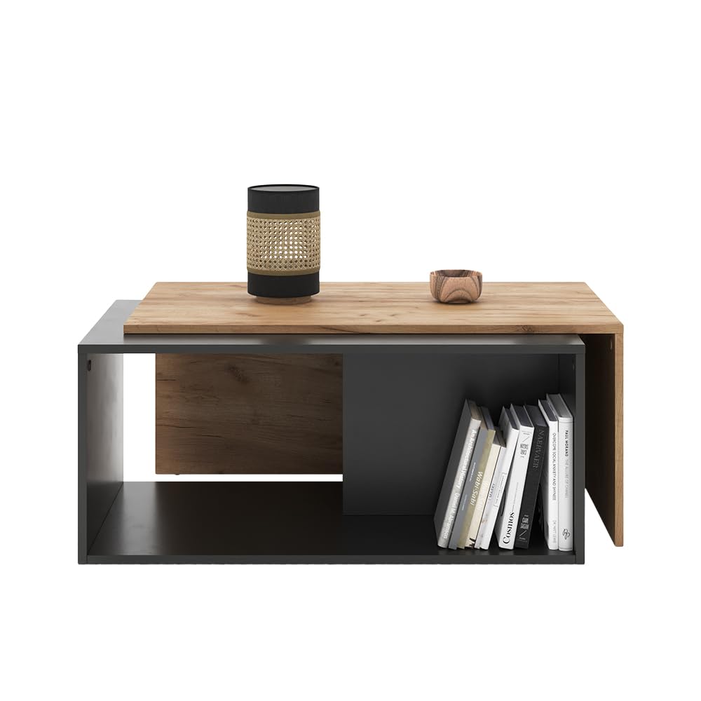 Vicco Mesa de Centro Paul, Antracita/Roble Dorado, 90 x 48 cm | con tablero giratorio y superficie de almacenamiento adicional