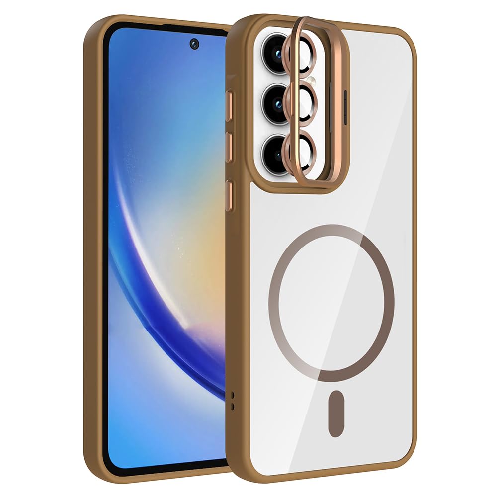 Zore Galaxy ile uyumlu A55 Kılıf Standlı ve Kamera Lens Hediyeli M-Safe Şarj Özellikli Zore Etro Kapak Desert Titanyum