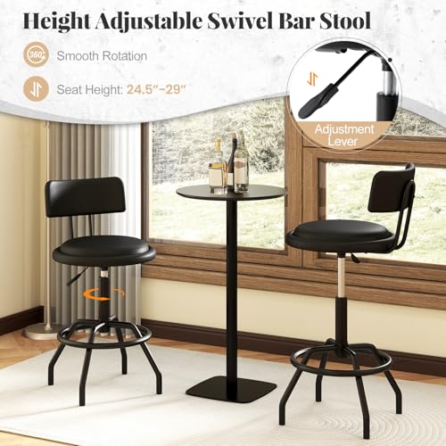 GIANTEX Taburete Giratorio Set de 2 para Isla de Cocina y Barra Ajustable en Altura con Asiento y Respaldo Acolchonado, Reposapiés, Estructura Metálica, Tapizado en Cuero PU Negro miniatura 7