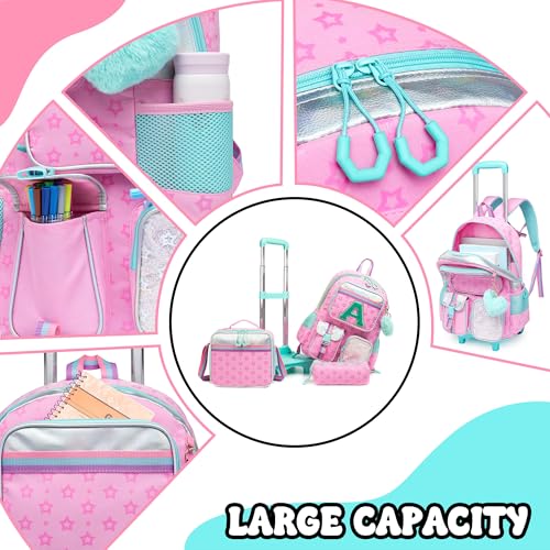 Image of Meetbelify Pink Backpack with Wheels for Girls Rolling Letter Backpack Cute Carry on Backpack Kids Luggage with Lunch Box Pencil Case for Elementary Student