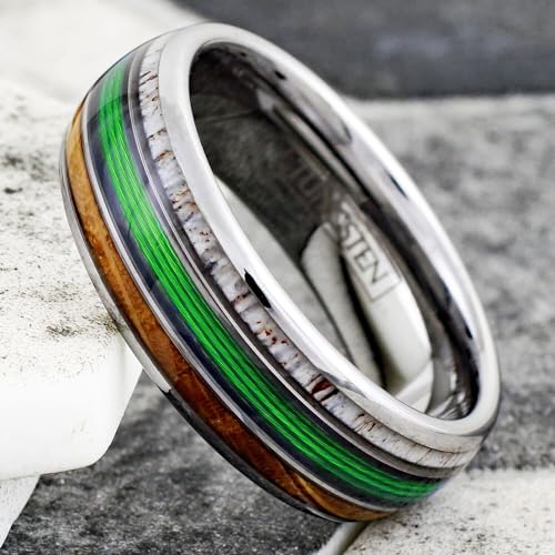 King's Cross Awesome 6mm/8mm Tungsten Carbide Low Dome Band Ring with Fishing Line Between Whiskey Barrel Oak Wood and Deer Antler Inlays. Multiple Colorways.2