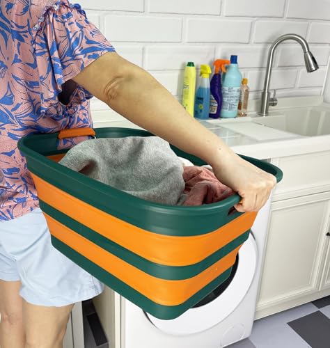Image of SAMMART Collapsible Plastic Laundry Basket with Handle /Foldable Pop Up Storage Hamper /Portable Laundry Organizer-Space Saving Washing Tub /Household Storage (Teal Green /Autumn leaf, 27L (Set of 2))