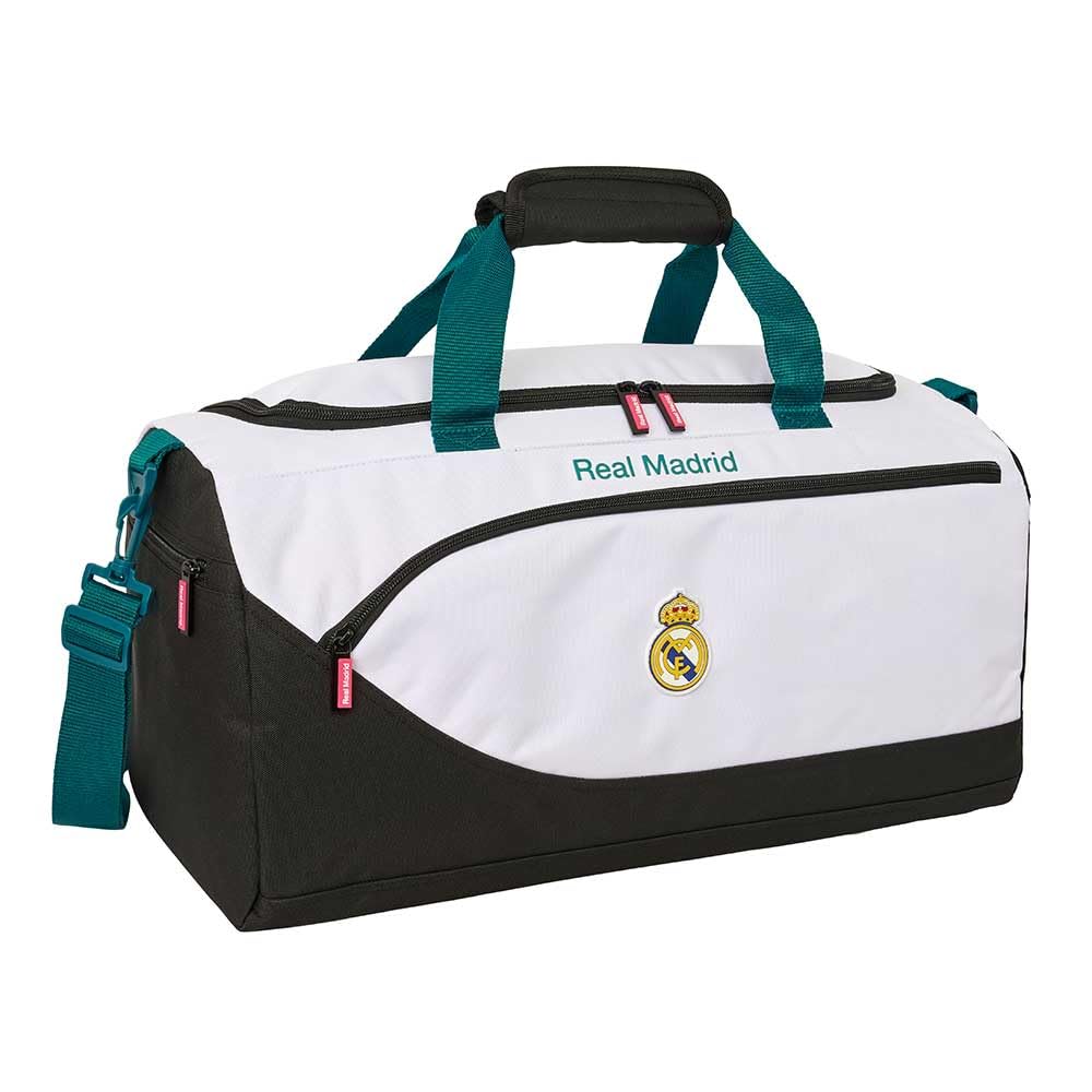 SAFTA | Bolsa de Deporte Real Madrid Equipación 26/27, Bandolera Ajustable y Extraíble, Doble Cremallera, Bolsillo Frontal y Laterales, Fondo Semirrígido Extraíble, Base con Tacos, Medidas 50x25x25 cm