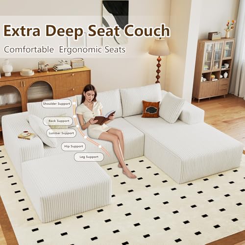 Image of 96 inch U-Shape Cloud Couch, Modern Modular Sectional L-Shape Sofa with Ottoman, Corduroy Upholstered Couches Deep Seat Sleeper Chaise Longue for Living Room, No Assembly Required(White, Right Facing)
