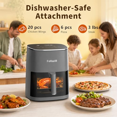 Image of Fullwill 6QT Air Fryer, view window, 12-in-1: air fry, roast, bake, dehydrate. Nonstick, DW-safe basket. Max 400F, 1700W. Darkgray. For parties.