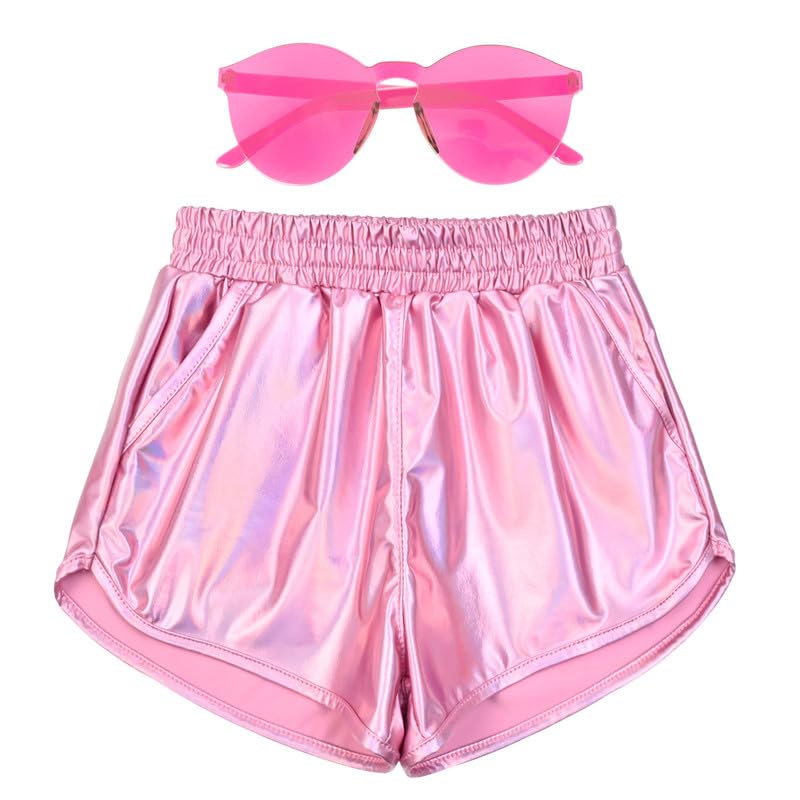 Mirawise Girls Metallic Shorts Shiny Hot Pants Sparkly Dance Outfits Short Pants with Sunglasses