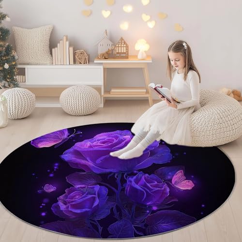 Tapis rond noir Ø 90 cm imprimé fleurs et papillon rose en microfibre lavable