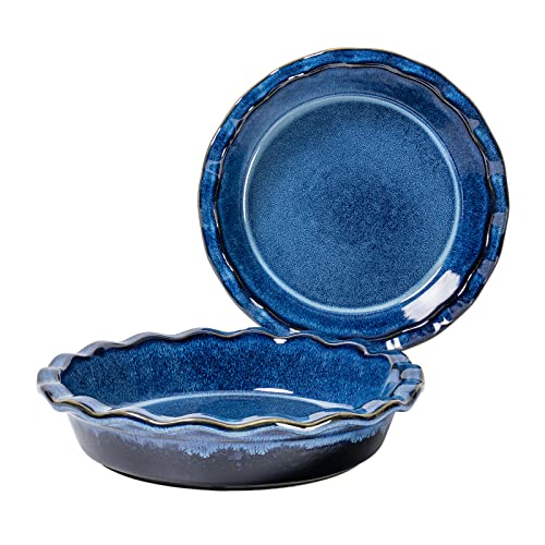 Henxfen Lead Ceramic Pie Pan For Baking - Deep Dish Apple Pie Plate 9.5 Inch, Round Baking Dish For Quiche, Pot Pies - Set Of 2, Reactive Blue #TOP19