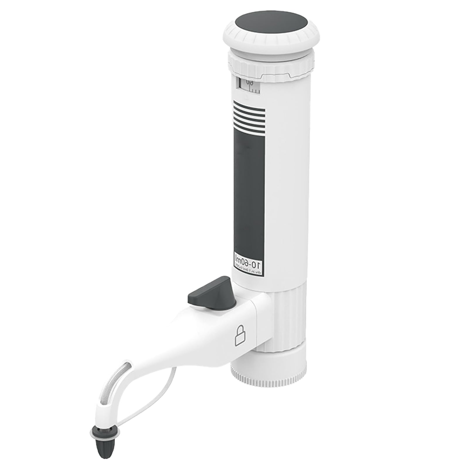 Verstellbarer Flaschenaufsatz-Dosierer (10–60 ml), Laborpipette mit Hülse, 5 Gewindeadaptern, Doppelventilen, Digitalanzeige und Getriebeeinstellung für wissenschaftliche Forschung