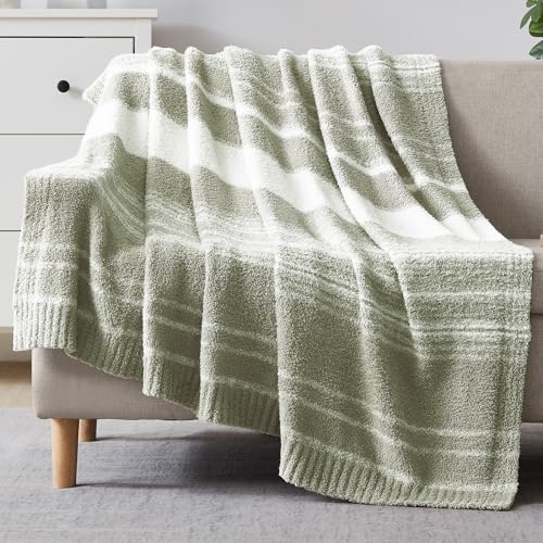 WRENGONGE Sage Green Throw Blanket, 60x80 Soft Cozy Striped Throw Blankets for Couch, Sofa, Bed, Travel, Lightweight Fluffy Warm Plush Decorative Blankets for Women, Men,Kids