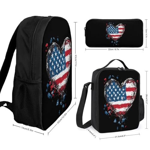 Heart Shaped Map of U.S. 17In Backpacks with Lunch Bag Pencil Case Set Resistant Daypack 3 Piece2