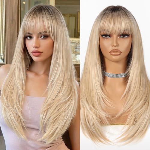 Allbell Ombre Blonde Wigs for Women Long Straight layered Wig With Bangs 22 inch Natural Looking Wig Synthetic Heat Resistant Fiber for Daily Party Use