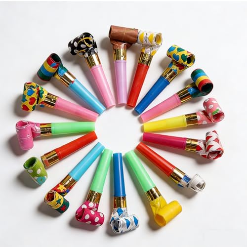 20 Pcs Party Blowers Candy Colour Plastic Trumpet Whistles Poppers Party Blow Roll Bags Fillers Noise Maker Toys for Birthday New Year Christmas Celebrations Decorations Adults Guests Party Supplies