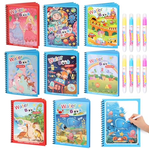 Image of CMTOOP 8 Pack Reusable Water Coloring Books for Toddlers, Paint with Water Books,Mess-Free Coloring Book, Portable Educational Doodle Drawing Toy, Improving Children's Imagination, Color Perception