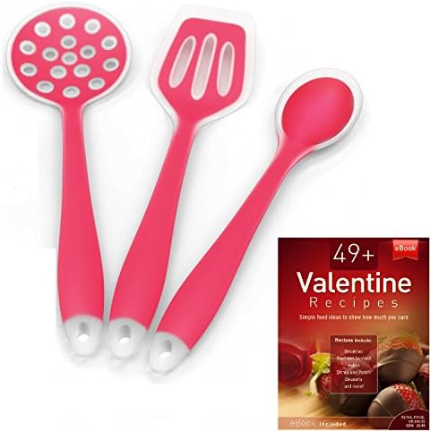 Silicone Cooking Utensils Starter Set, Set of 3, Red, Turner Spoon Spatula Plus Cooking Secrets Ebook