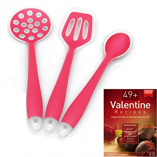 Silicone Cooking Utensils Starter Set, Set of 3, Red, Turner Spoon Spatula Plus Cooking Secrets Ebook