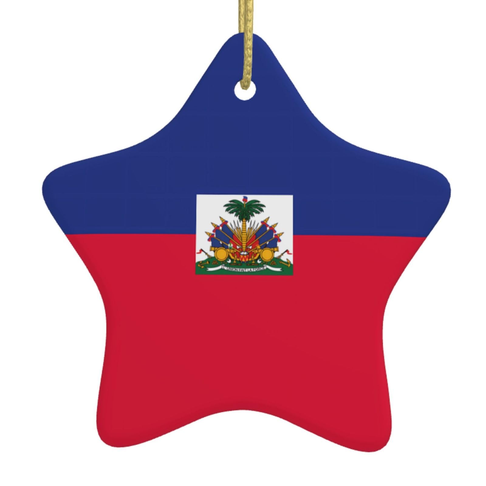 Haitian Flag Christmas Ceramic Star Pendant with Punched Holes and Gold Wire Rope, Christmas Tree Home Decoration