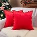 Topfinel Aksamitna poduszka z pomponami, jednokolorowa, dekoracyjna poszewka na poduszkę, poduszka do siedzenia, poduszka dekoracyjna, poduszka na sofę, do sypialni, biura, samochodu, zestaw 2 sztuk, 50 x 50 cm, Czerwony
