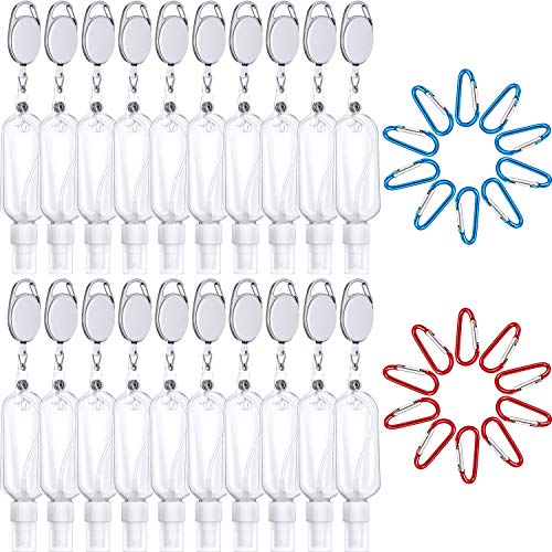 20 Pieces 50 ml Travel Plastic Keychain Bottle Set Refillable Empty Spray Bottle Mini Bottle Container with Sprayer Cap, Stretchable Lanyard Retractable Badge Reel Holder and Hook for Shampoo, Liquid